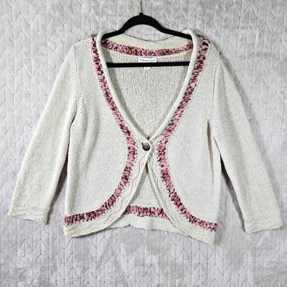 Coldwater Creek Open Knit Lightweight Cardigan Womens L Linen Contrast Coquette - Picture 1 of 7